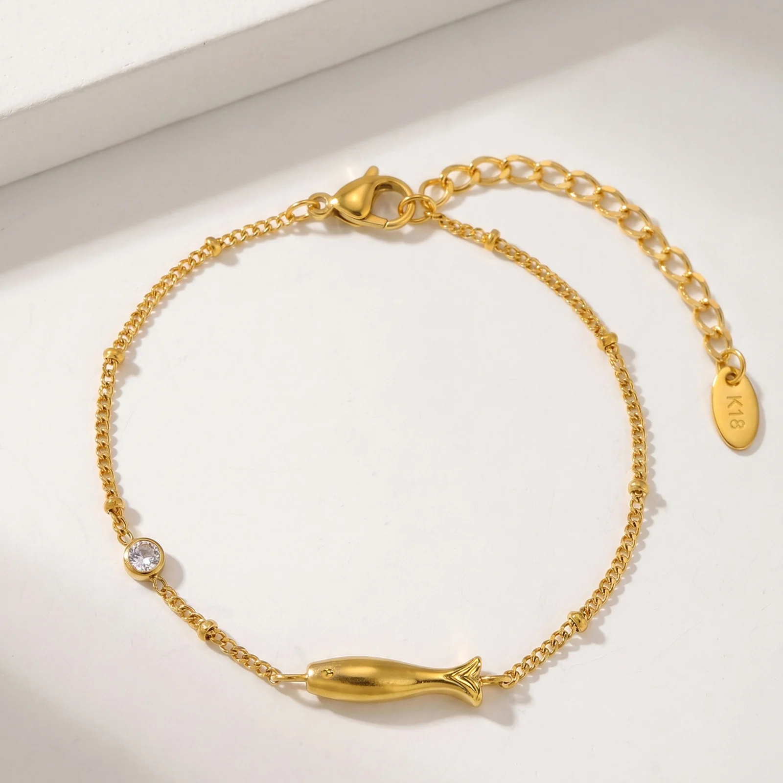Dainty Fish Bracelet for Women, Waterproof Stainless Steel Zircon Charm Chain, 18K Gold Plated Minimalist Jewelry