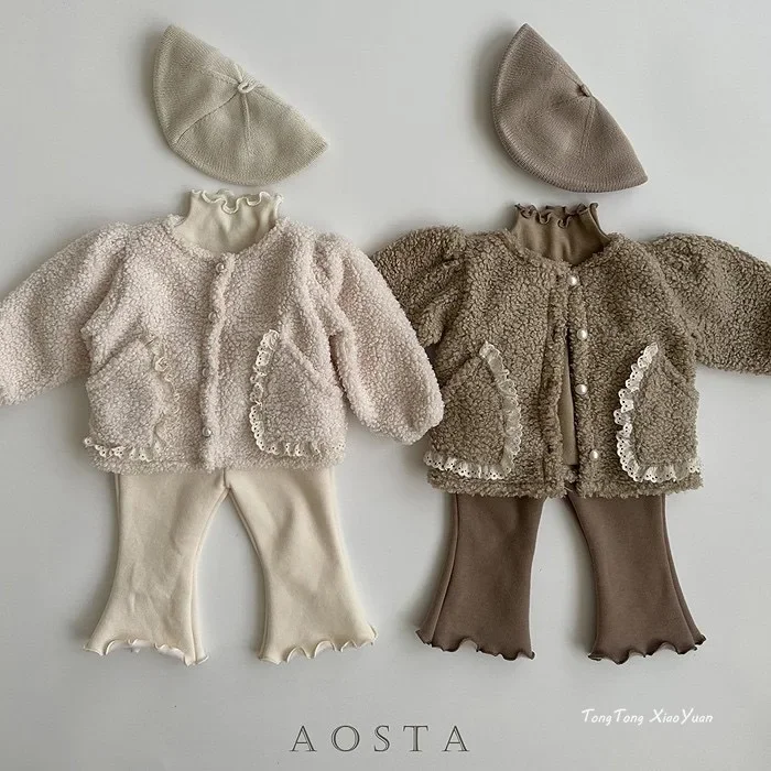 Baby Clothing 2023 Winter Warm Winter Thick Coat Korean Style Plush Thick Solid Color Casual Sweet Lace Girls Casual Coat