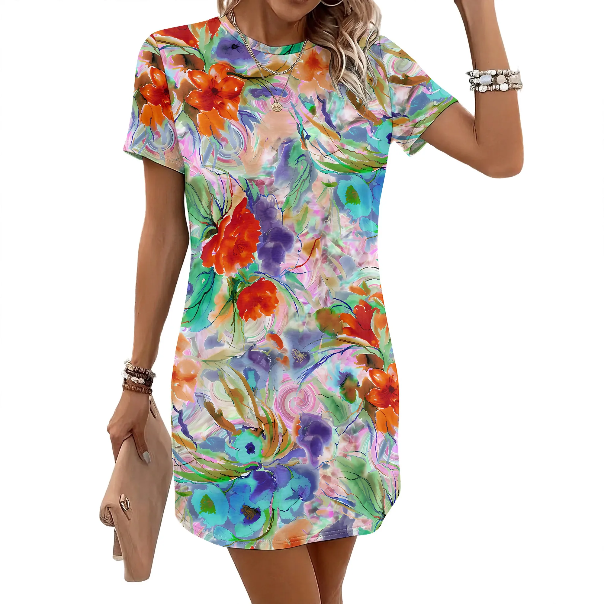 Lebhaft geblümtes, kurzärmliges Kleid, abstrakter Druck, Sommer-Minikleid, farbenfroher Kunststil, Freizeitkleidung, S-2XL – Detail 2