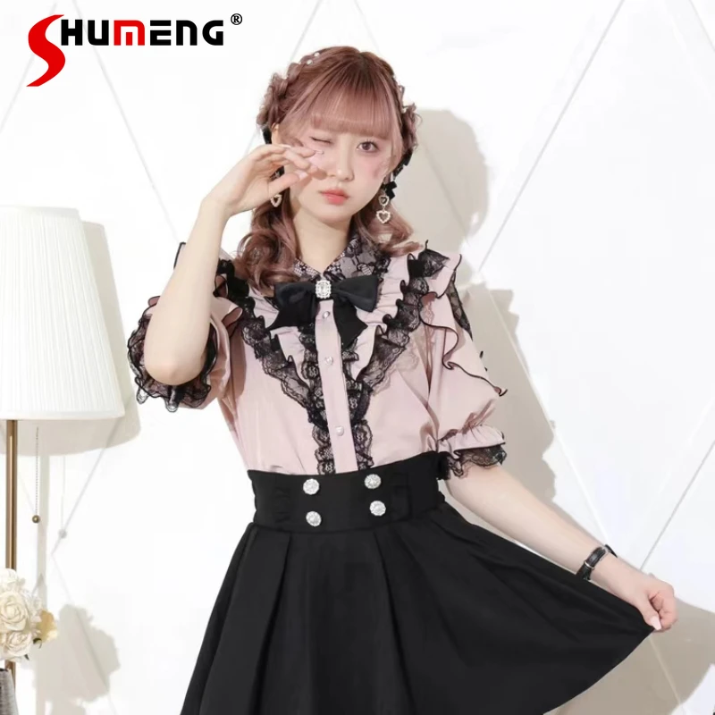 

Japanese Style Mine Ruffled Bow Off-Shoulder Sweet Blouse Womens Lace Stitching Bow Short Sleeve Lolita Shirt Top 2024 Summer