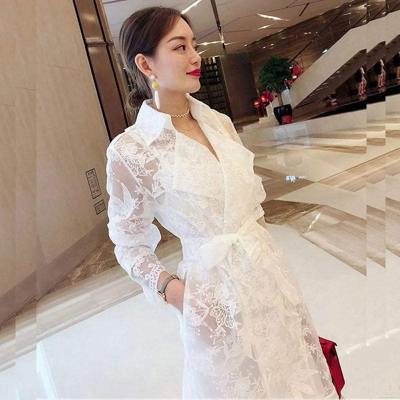 Women Mid-length White Lace Thin Trench Coat With Suspenders Tops With Sashes Spring Autumn Lapel Long Sleeve Female Outerwear