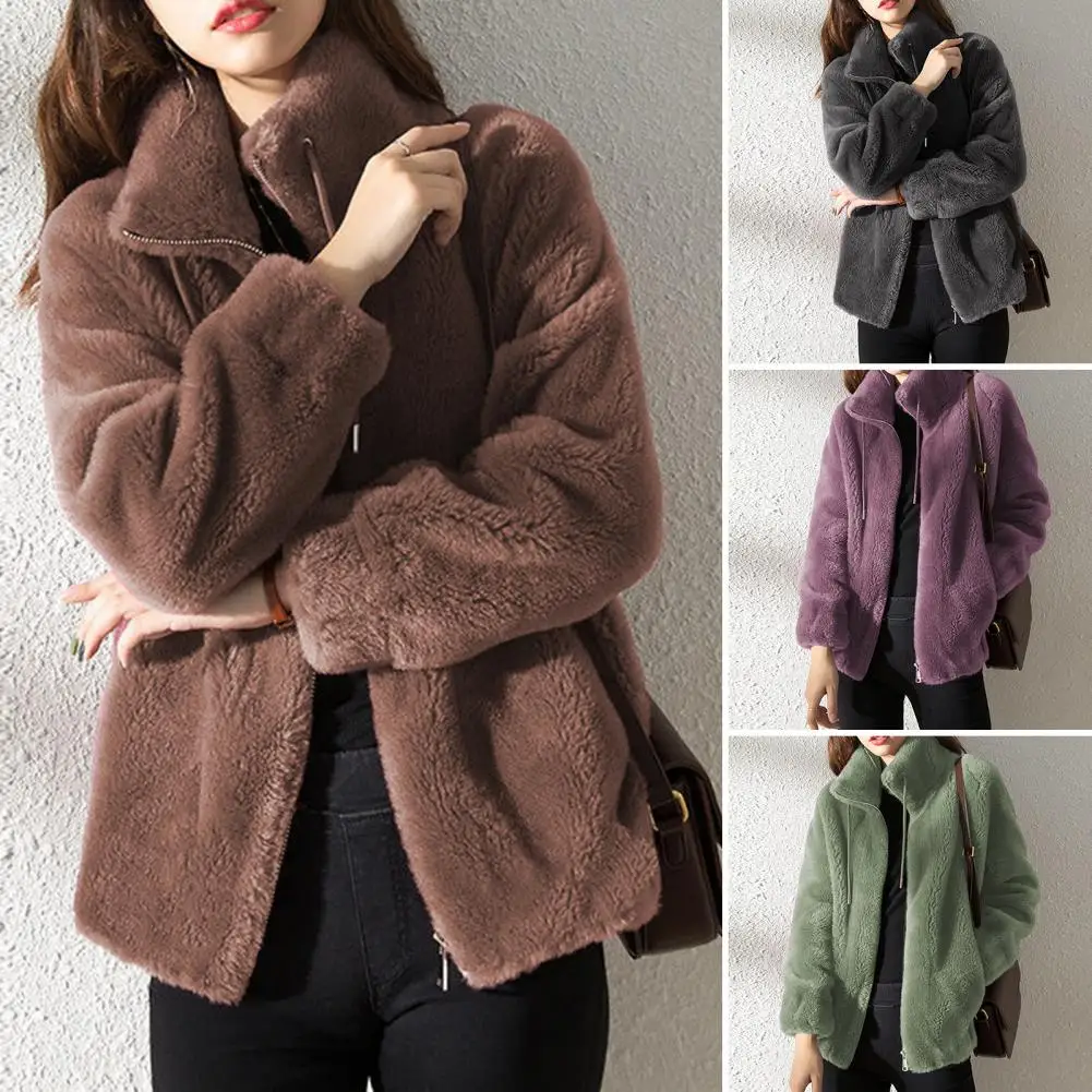 Chic Women Winter Jacket Thermal Winter Coat Zipper Placket Pure Color Women Winter Coat  Drawstring