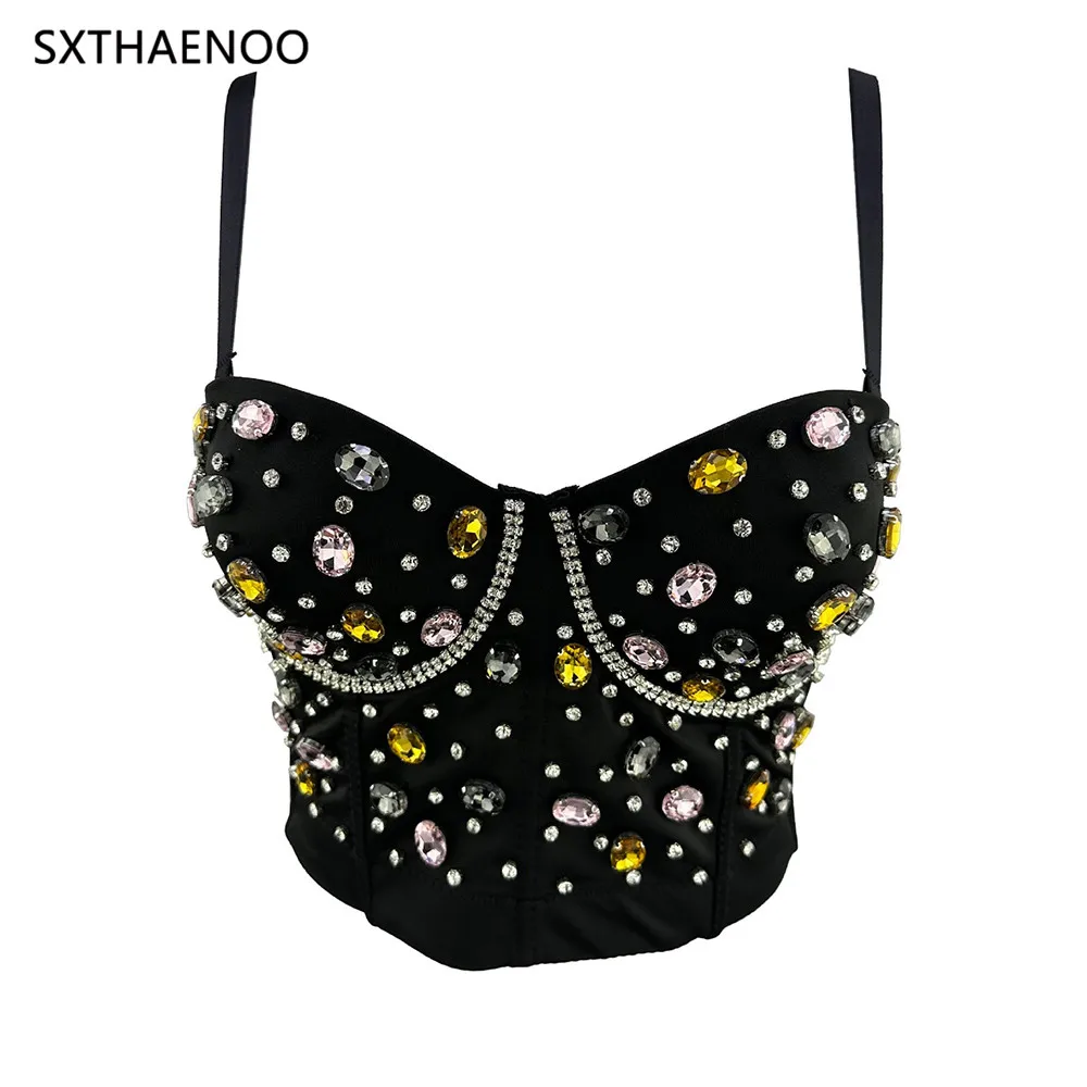 SXTHAENOO Colorful Stones Women Sexy Short Waist Corset Bustier Show Night Club Party Sparkle Crop Tops Bra Pad Tube Tanks Black