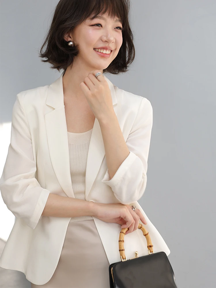 

Женский шелковый костюм Ele: пиджак прямого кроя с рукавом 3/4 на одной пуговице, новинка ранней весны, для офиса и повседневной носки