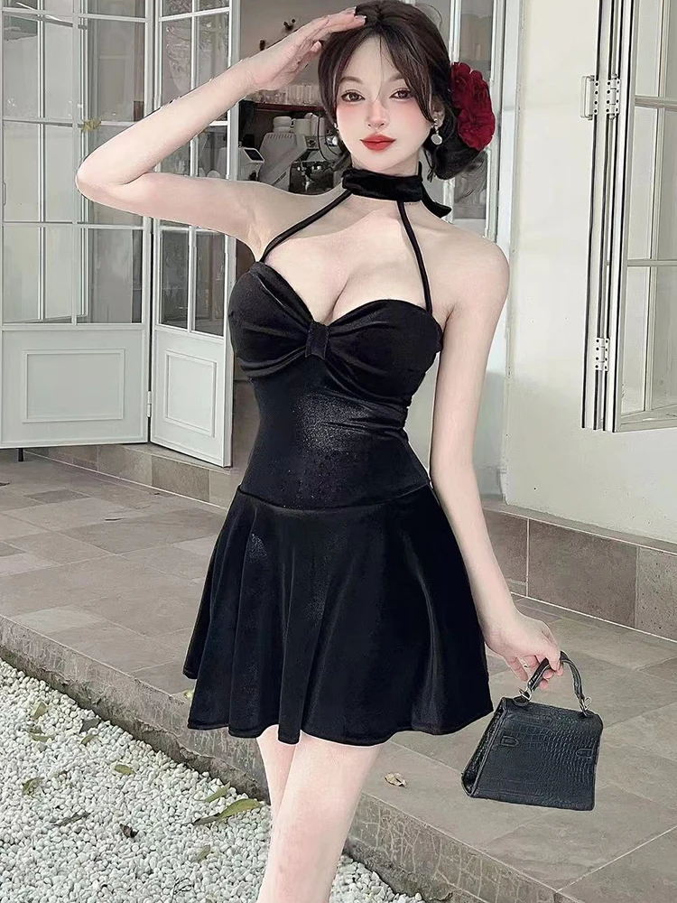 Feminino vermelho veludo chique pescoço-montado sexy mini vestido outono inverno elegante vestido babados 2025 coreano vintage bodycon vestido de noite