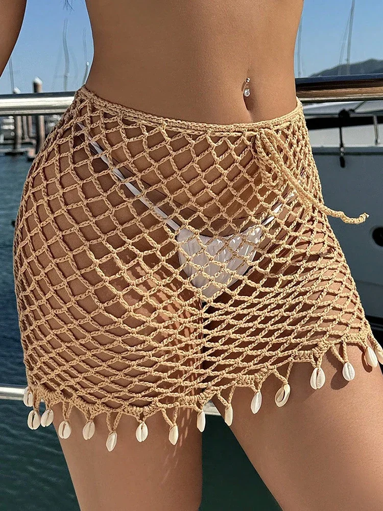 Women Crochet Cover Up Hollow Shell Short Beach Dress Mini Skirt Cover Up Bikini Swimsuit Dress Bathing Suits Beach Short Dress