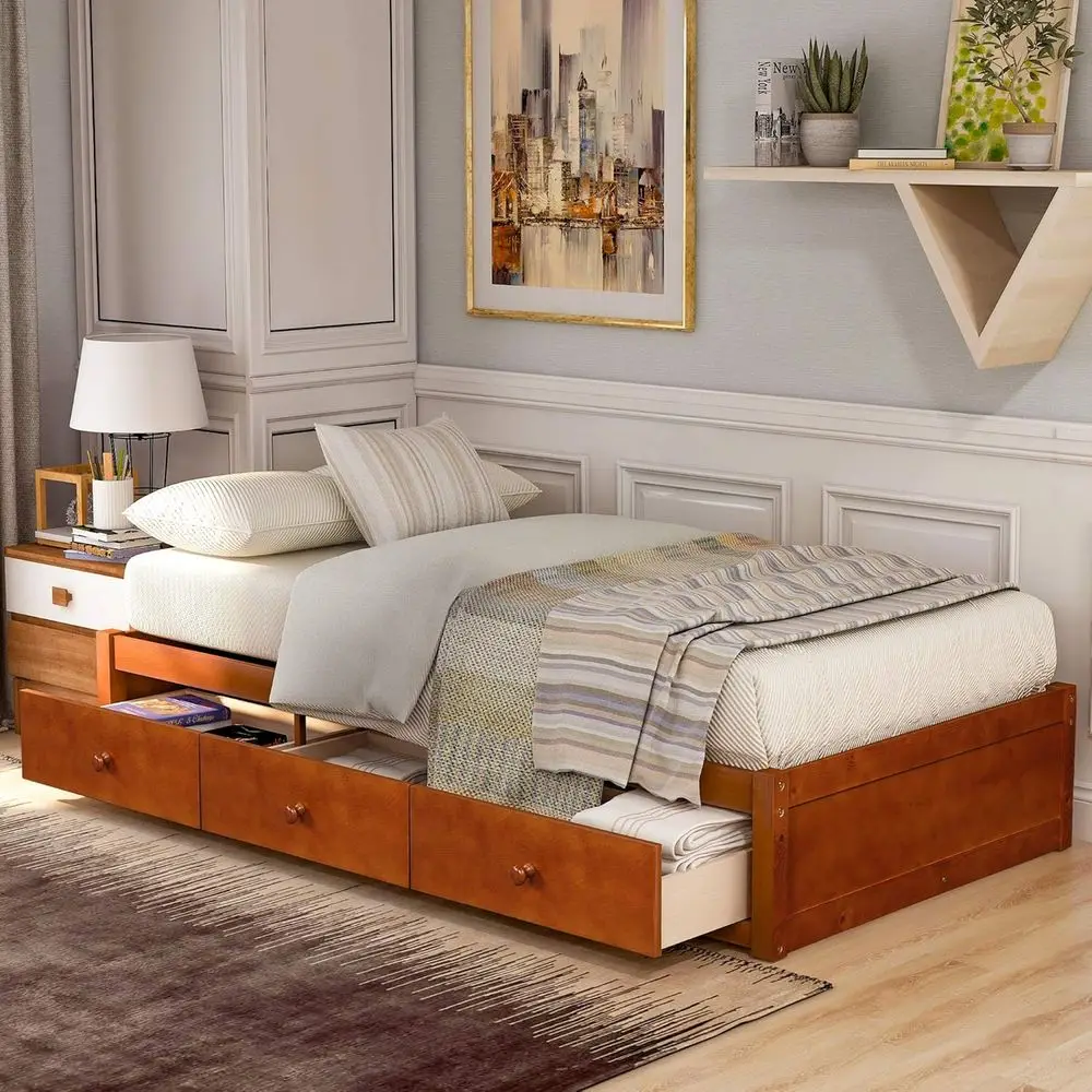 

Twin Size Wooden Platform Bed with 3 Drawers, Wood Slat Support, No Box Spring Required
