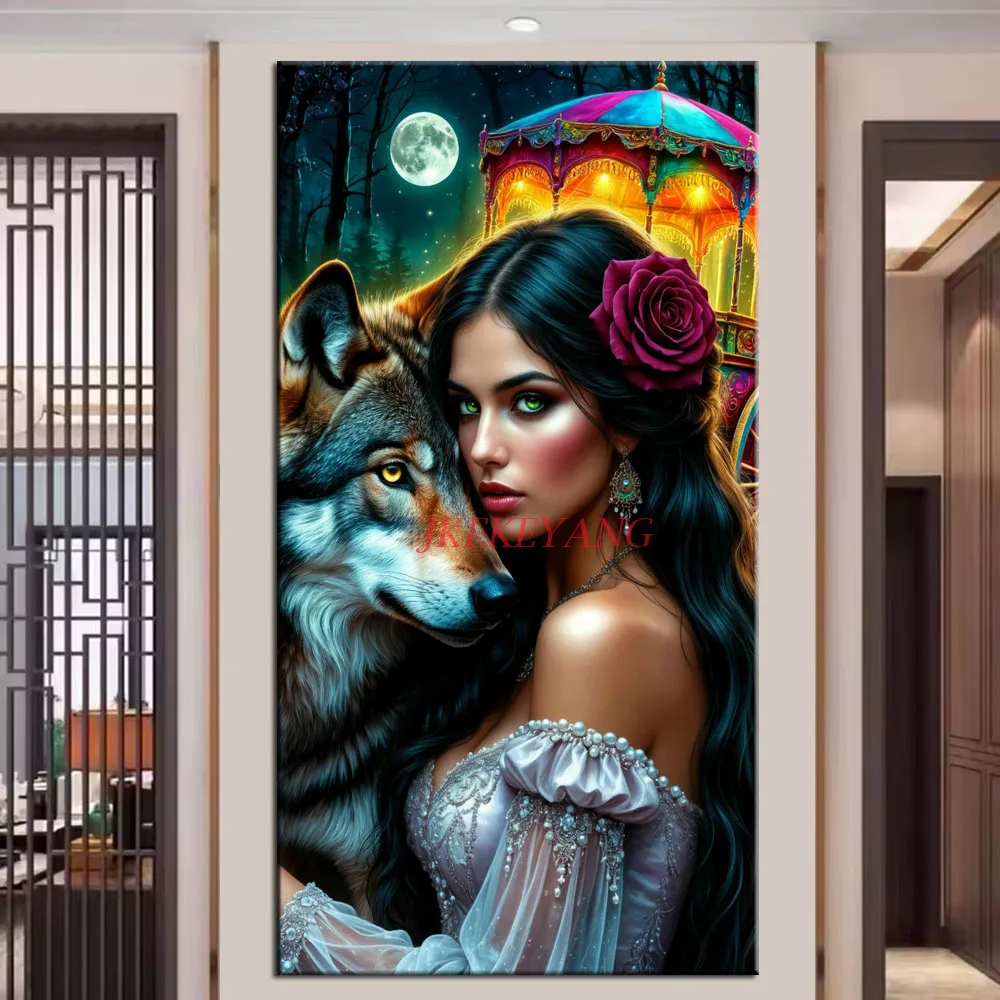 Beautiful Woman and Wolf Picture DIY Diamond Painting Cross Stitch Full Drill Diamond Mosaic New Collection Home Decor