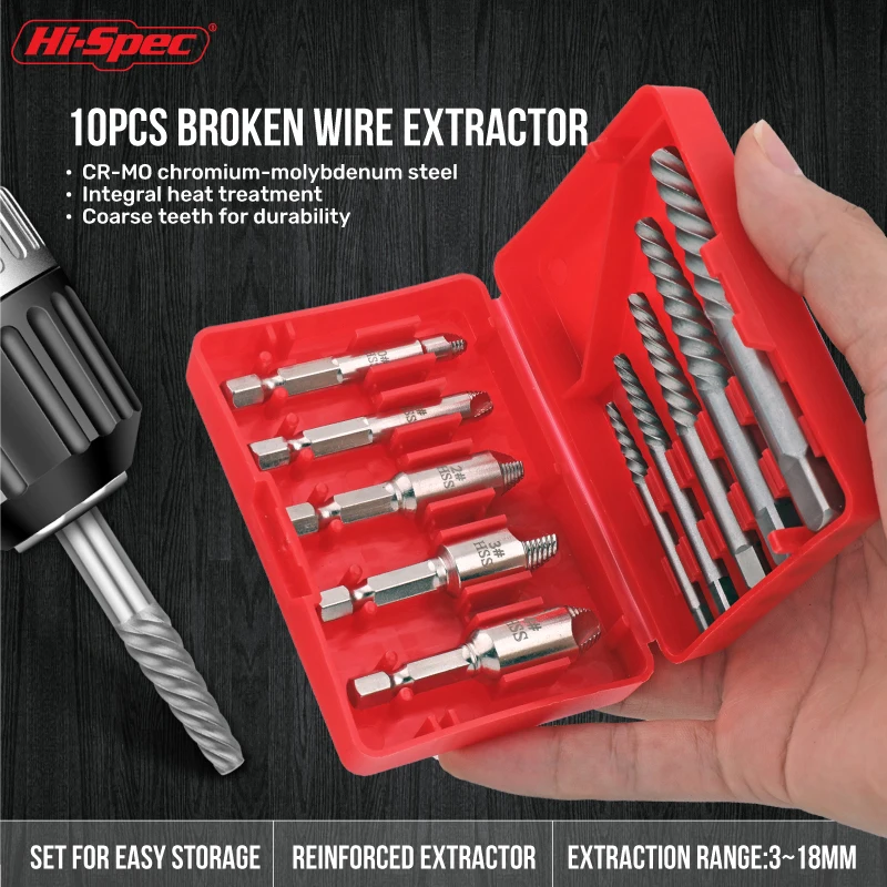 10PCS Wire Break Extractor Remover Twist Drill Bit Set Guillotine Conventional TipSteel HSS Drill Wood Tool Set Red Plastic Box