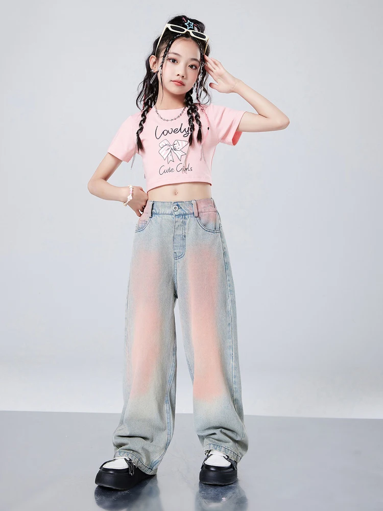 2024 Fashion Girls Clothes Jazz Dance Costume Pink Crop Tops Denim Pants Hip Hop Performance Outfits Kids Stage Clothing BL13210