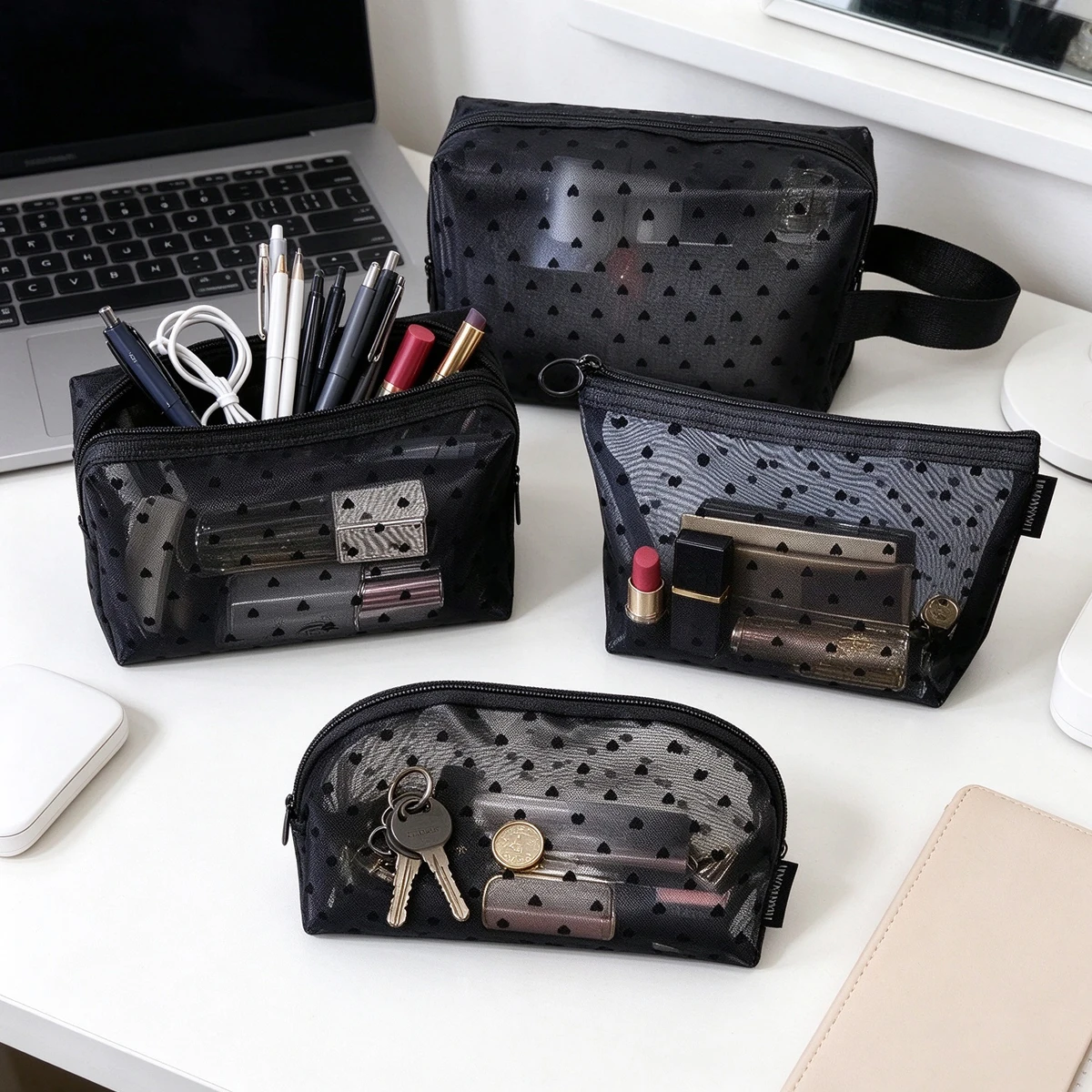 Heart Mesh Makeup Bag Transparent Cosmetic Pouch Travel Toiletry Organizer Storage for Lipstick Jewelry Women Makeup Bag