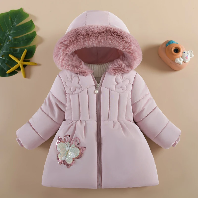 Giacca invernale per neonate tinta unita paillettes Cartoon Butterfly Stickers fodera PlushThick Warm Hooded Coat per tuta da neve per bambini 1-4Y