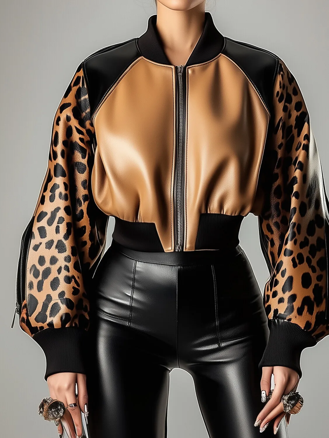 Chaqueta de cuero PU para mujer, abrigo con mangas acampanadas y estampado de leopardo, cremalleras, chaqueta de béisbol corta con cuello redondo para primavera y otoño