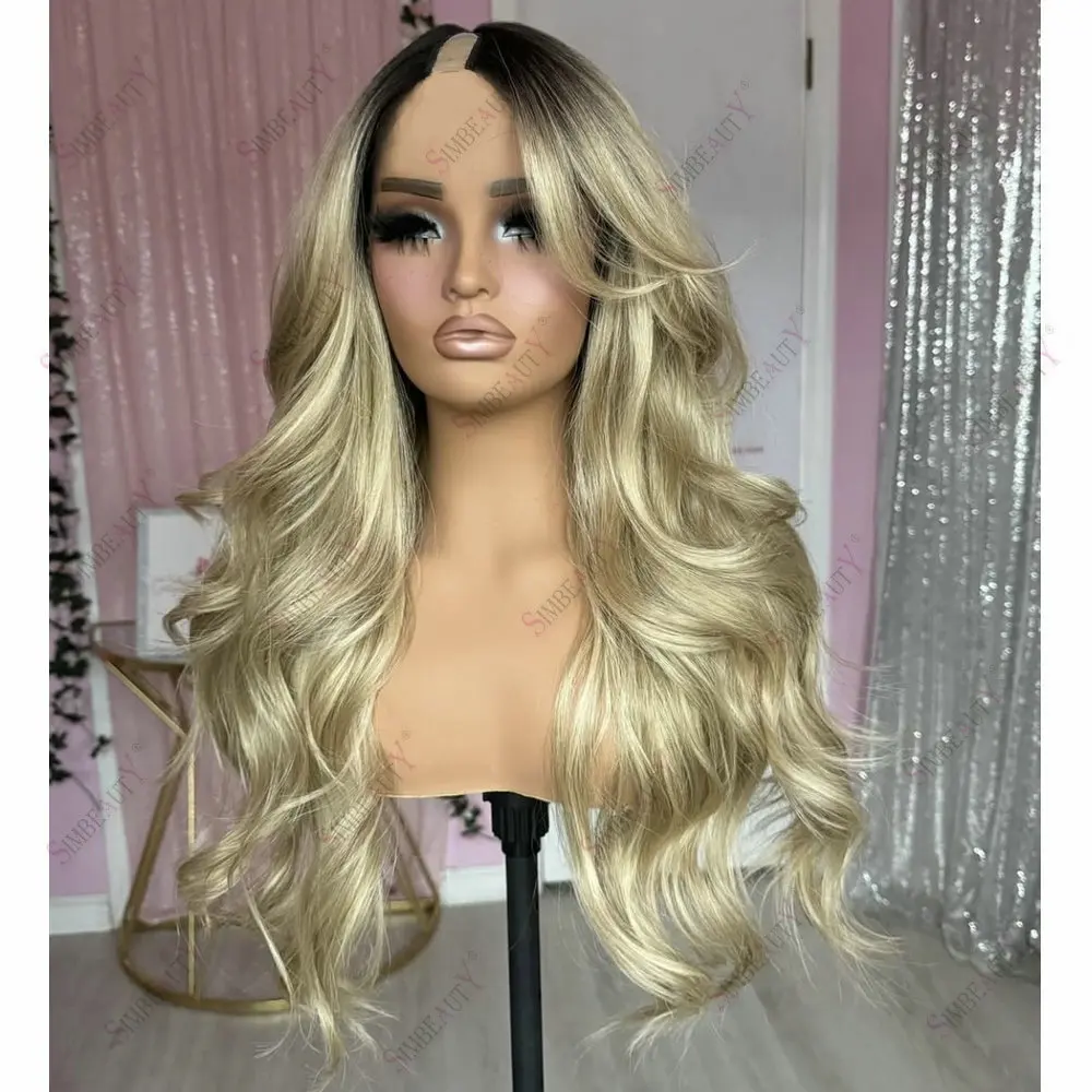 

Dark Roots Ombre Ash Gloden Blonde Glueless V Part Wig Human Hair for Women Easy Wear Body Wave 1x4 U Part Wigs Brazilian Hair