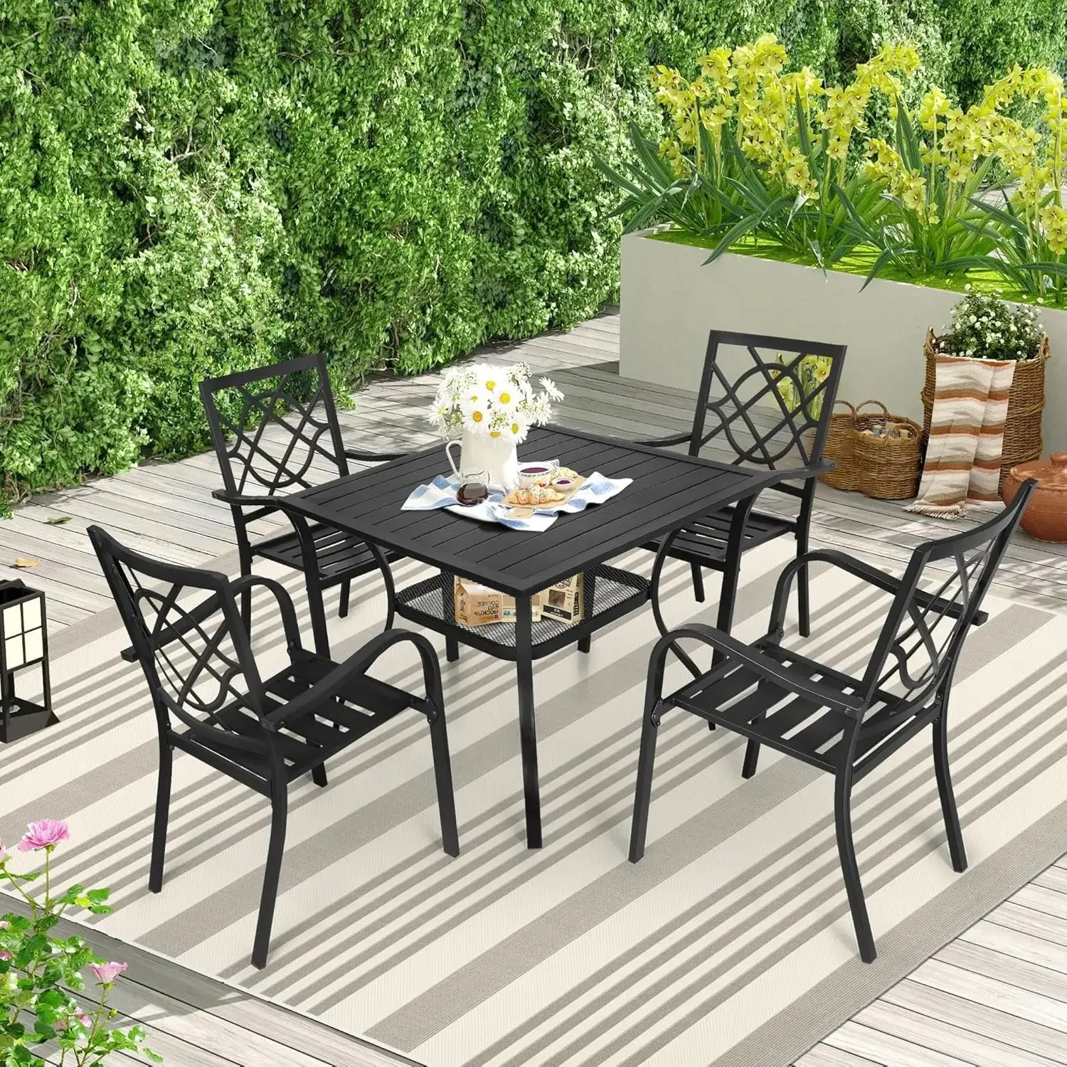 Chairs and Table Patio Dining Furniture Set - 4 Stackable Metal Chairs, 1 Steel Slat Bistro Table for Garden Backyard Deck