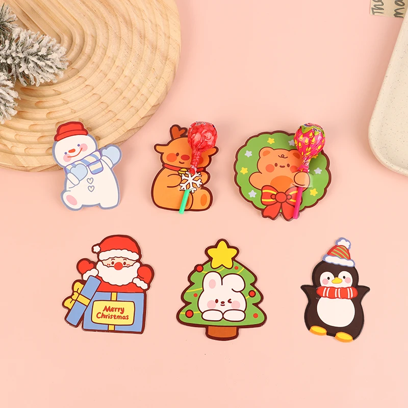 50 pçs bonito natal lolly cartões de papel diy dos desenhos animados papai noel boneco de neve pinguim elk doces presentes embrulho cartão de papel festa decoração