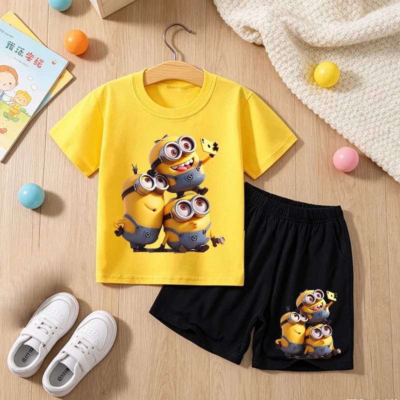 Minionses Children T-shirt Set Cute Cartoon Tees Boy Girl Short Sleeves Shorts 2pcs Set Kids Tops Summer Clothes Birthday Gift