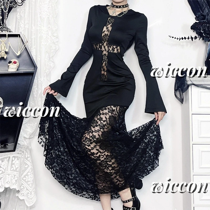 Halloween Dark Goth Dress Women Streetwear Harajuku Black Dress Cosplay Long Sleeve Cross Lace Patchwork Hooded Dress Femme