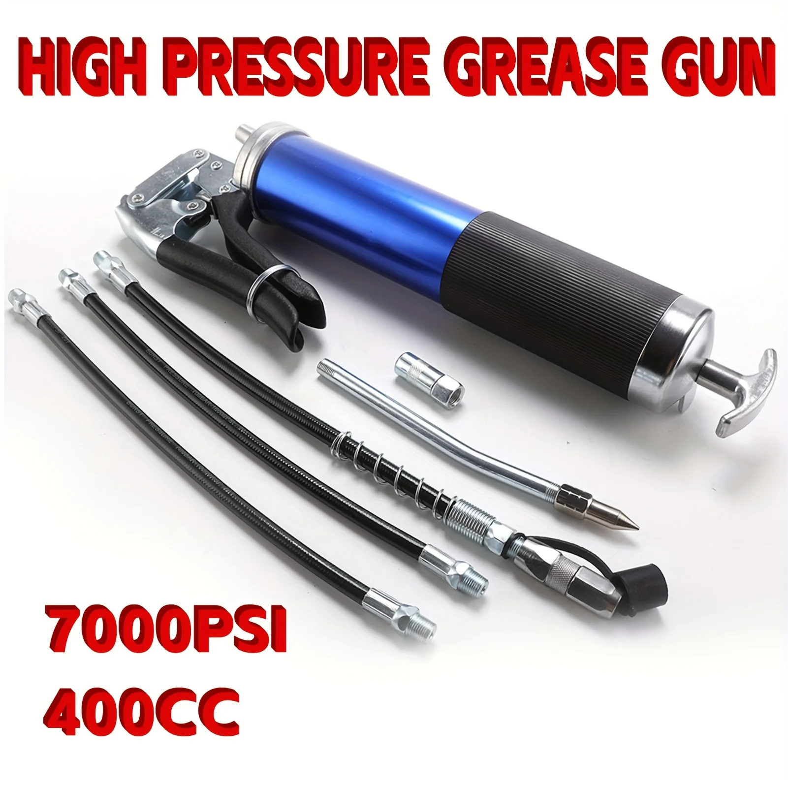 

Grease Gun Kit,7000 PSI Heavy Duty Pistol Grip Grease Gun Set with 14 oz Load, 18 Inch Spring Flex Hose, 2 Extension Rigid Pipe