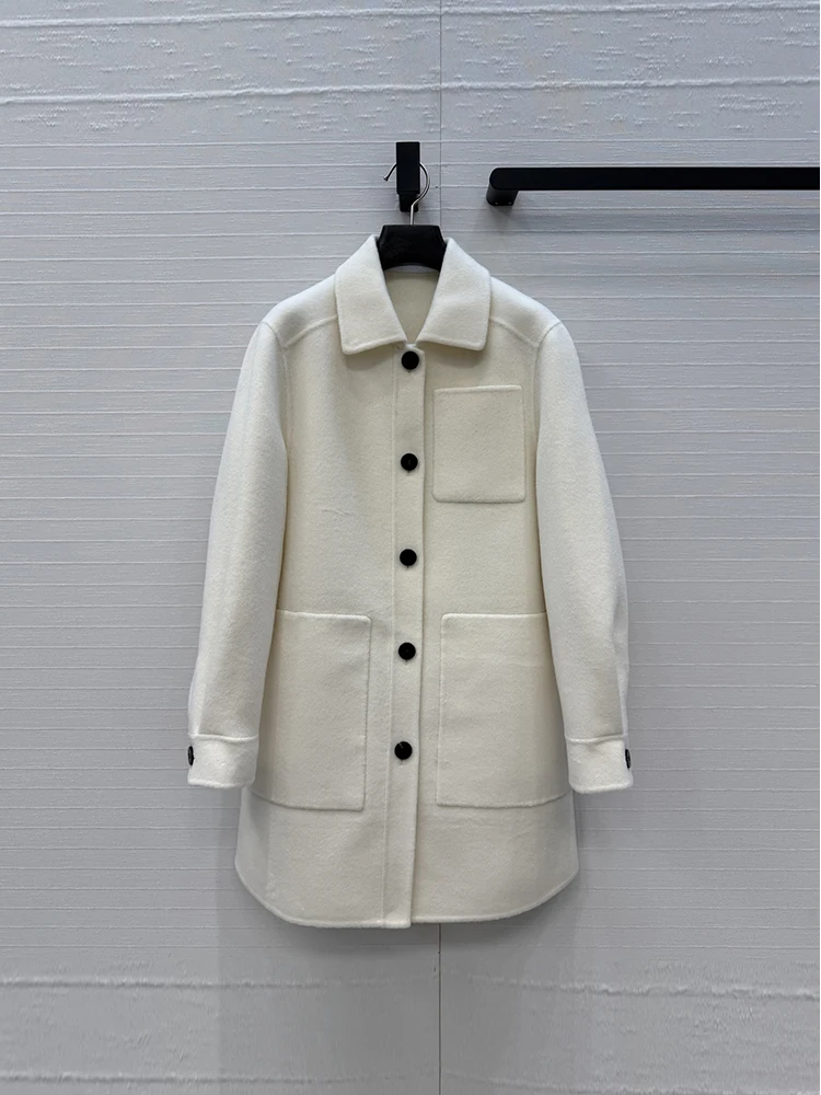 Autumn Winter Fashion White Wool Blend Mid-length Style Jackets Women's Turn-down Collar Multi Pocket Long Sleeve Versatile Coat