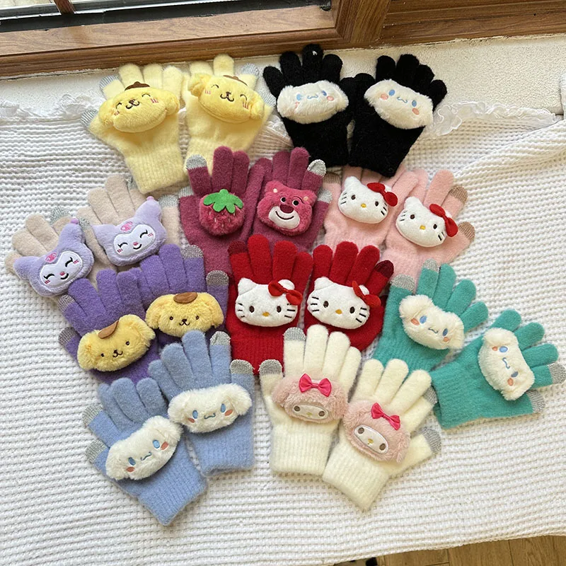 

New Kawaii Sanrios Hellokittys Kuromi Mymelody Cinnamoroll Pompompurin Children's Gloves Candy Color Winter Gift Toys For Girls