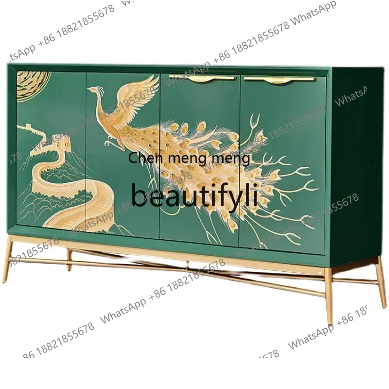 Modern light luxury new Chinese retro emerald dining side cabinet painted peacock living room entrance storage cabinetK182