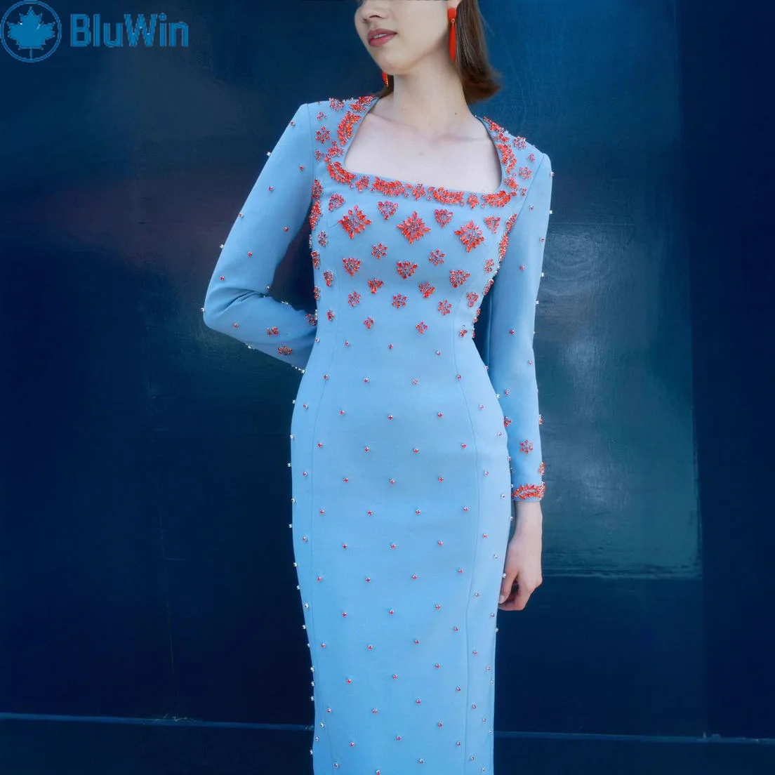 BluWin Light Blue Beaded Appliqué Midi Dress Women Square Neck Long Sleeve Slim Bodycon Elegant Cocktail/Evening Party