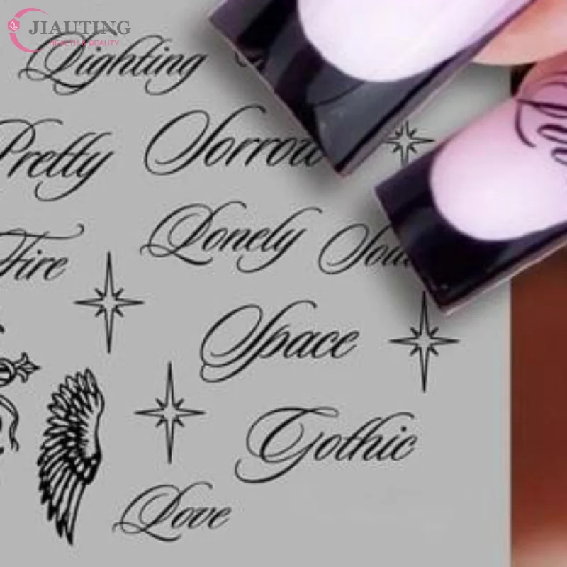 Adesivos de Unha com Letras Pretas e Brancas e Asas de Anjo, Decalques 3D de Alfabeto para Arte de Unha, Acessório DIY para Salão de Manicure com Esma