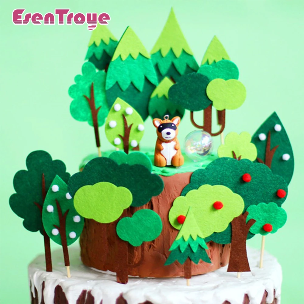 Jungle Safari Theme Cake Decoration Felt Wild Forest Cake Topper Birthday Woodland Animal Fruit Tree Kids Party Favors Supplies