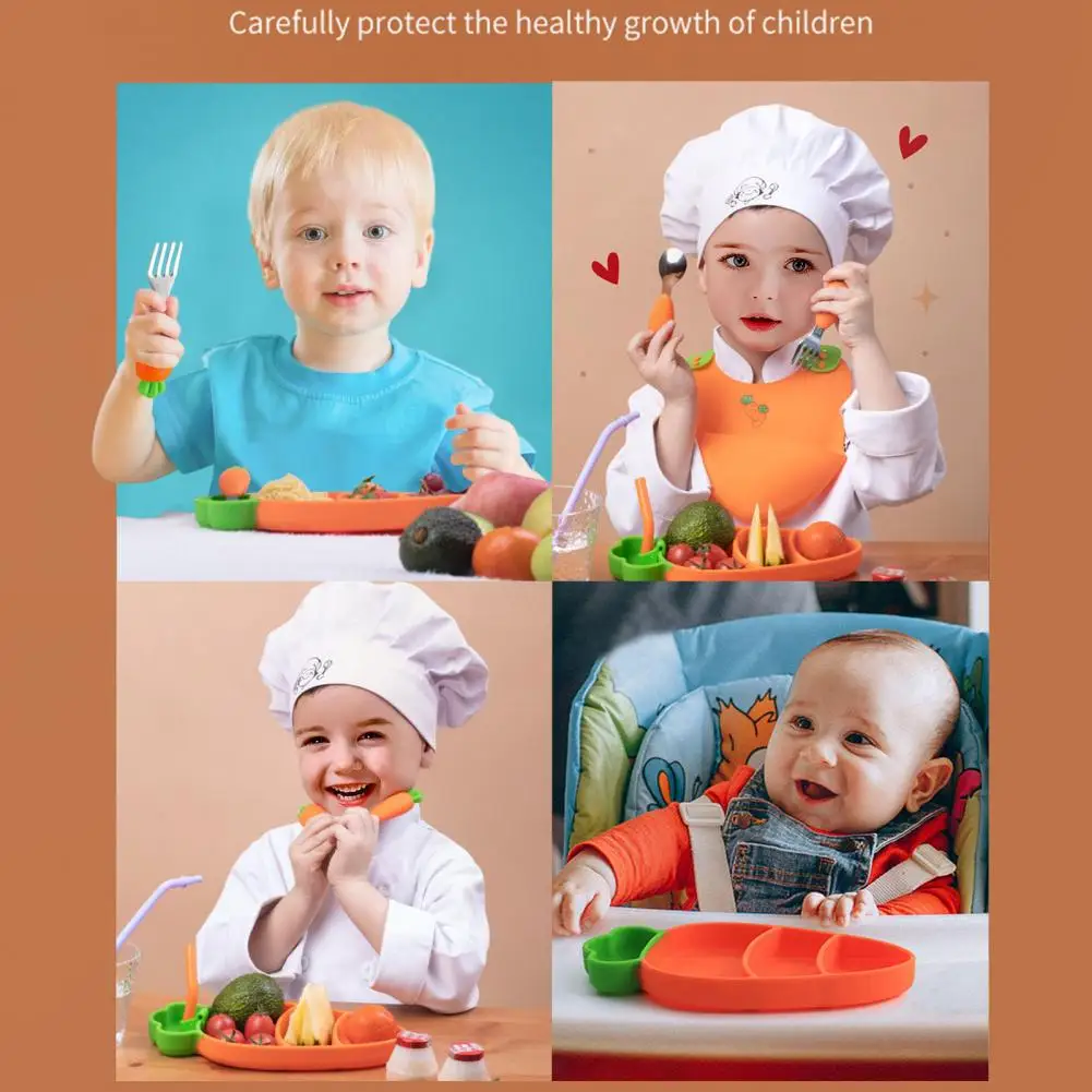 Carrot Silicone Plate Set Suction Cup Silicone Suction Plates for Baby l with Straws Cutter Forks Safe Easy Self-feeding Plate