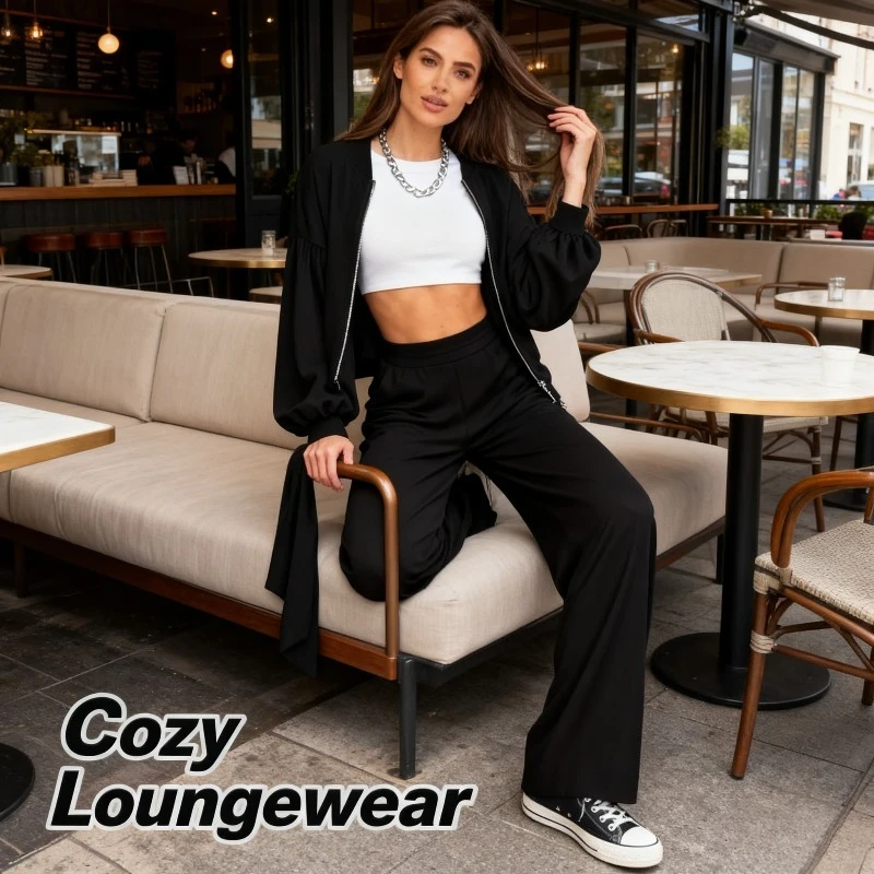 Spring 2025 Round Neck Sweatshirt with Casual Jacket and Straight Pants Set