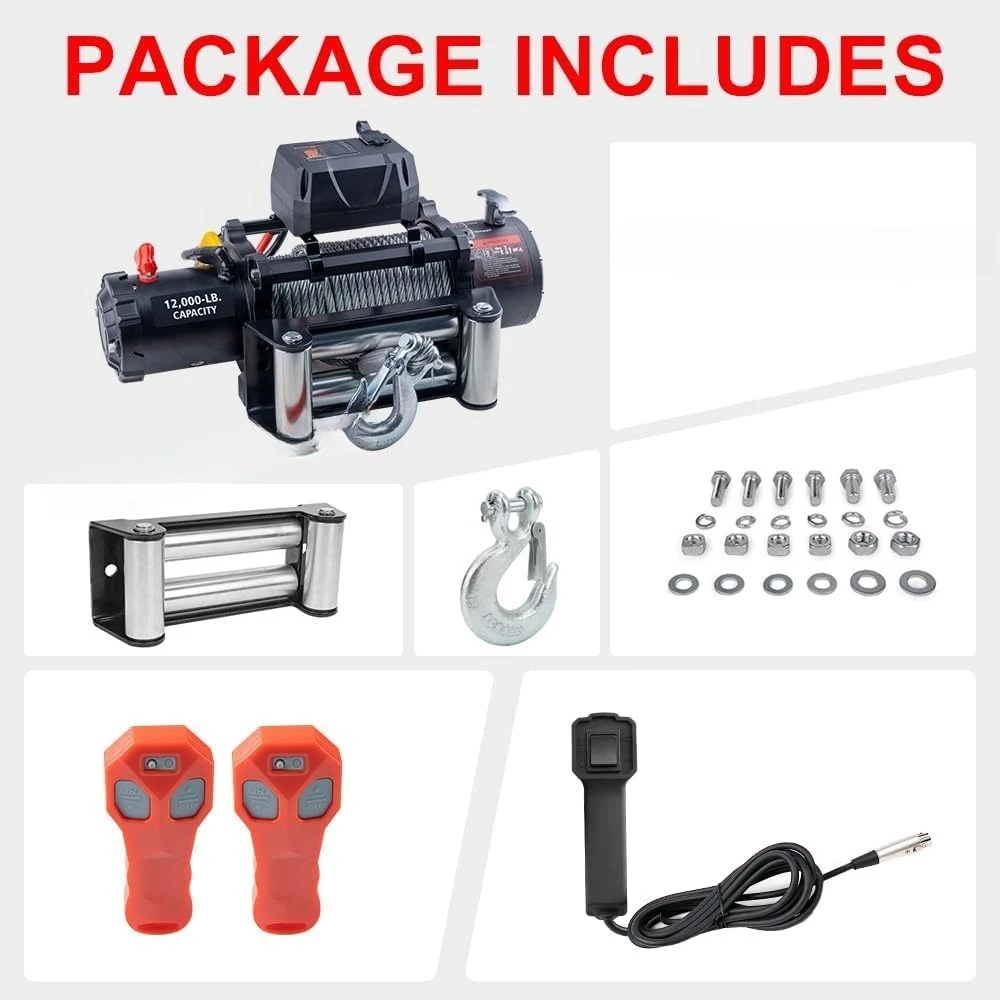 12000 رطل 12 فولت شاحنة كهربائية مقاومة للماء حبل فولاذي أسود ونش كهربائي مع أسطوانة Fairlead، مقبض سلكي، 2 جهاز تحكم عن بعد بالأشعة تحت الحمراء