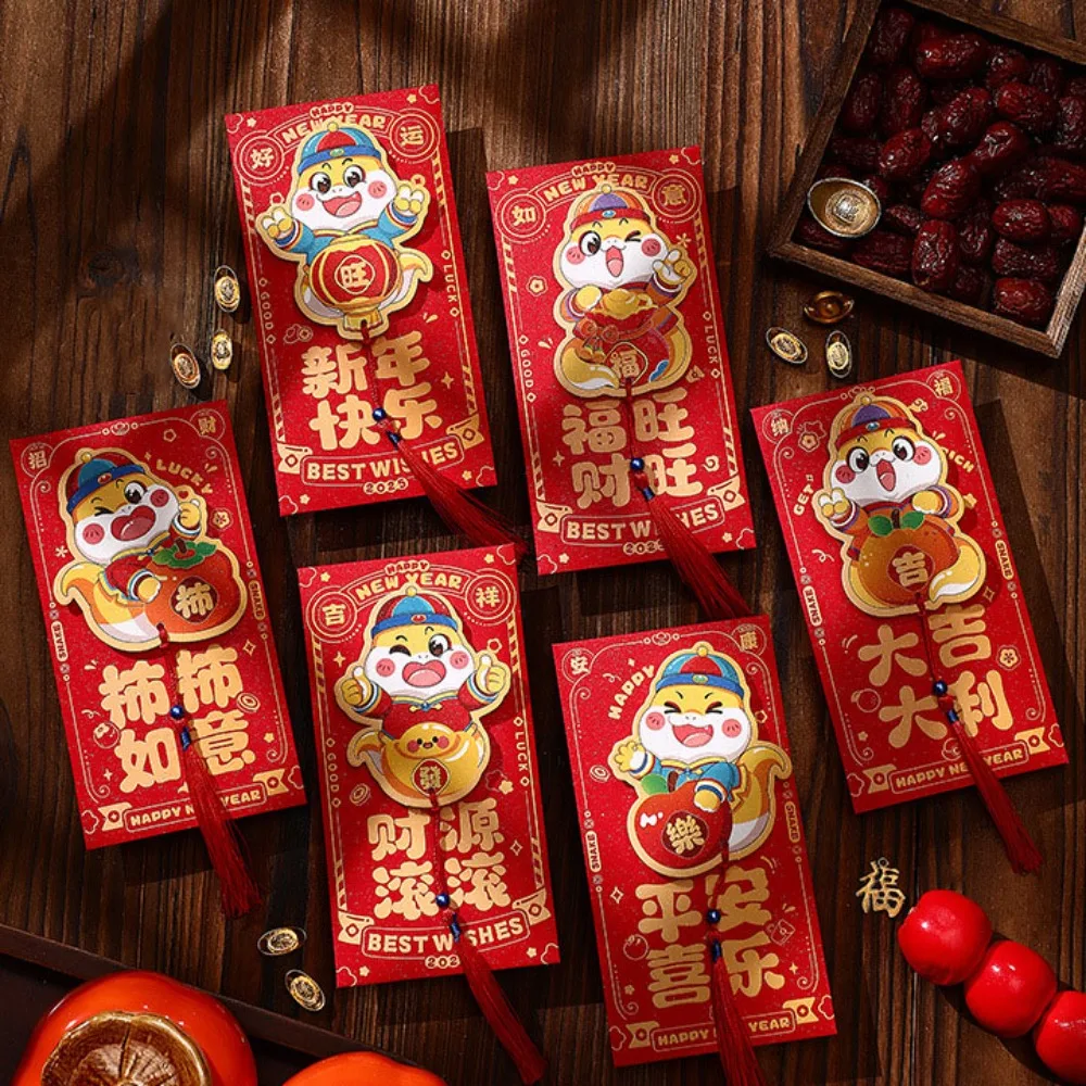

6pcs Spring Festival Essentials 3D Chinese New Year Red Envelope with Tassel Mixed Pattern Lucky Money Bag Hollow HongBao 2025