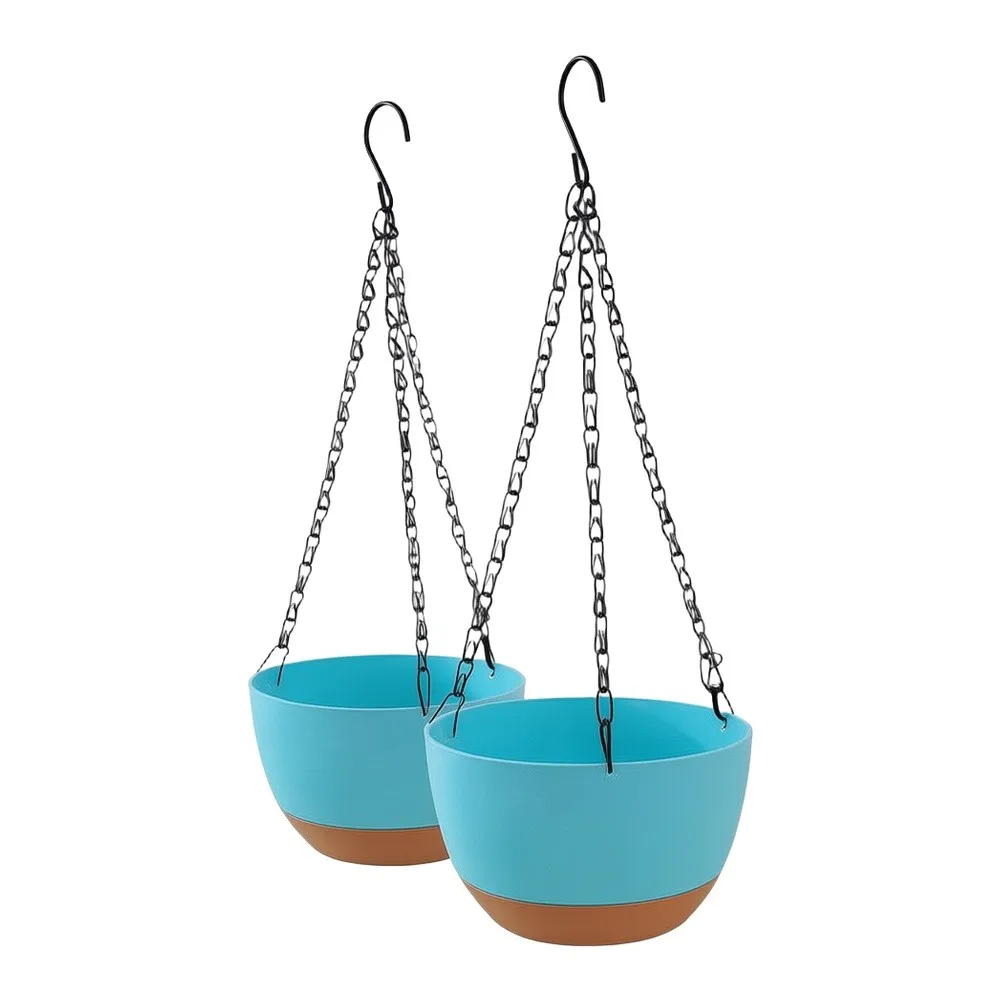 Set of two hanging flowerpots with drainage holes and self watering feature designed for indoor and outdoor plant environments