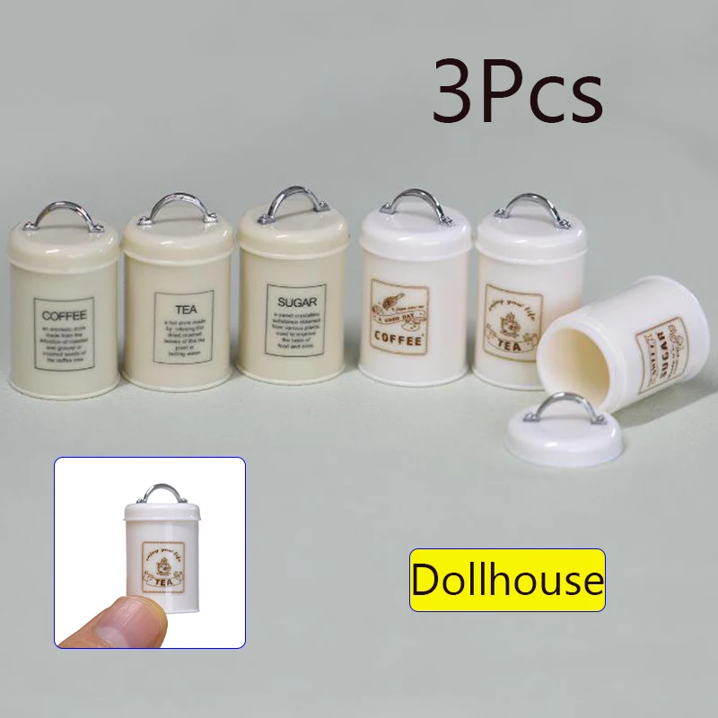 Mini latas de comida/té/café para casa de muñecas en miniatura, botella de almacenamiento redonda, modelo para accesorios de adorno de escena de muñeca, 3 uds.