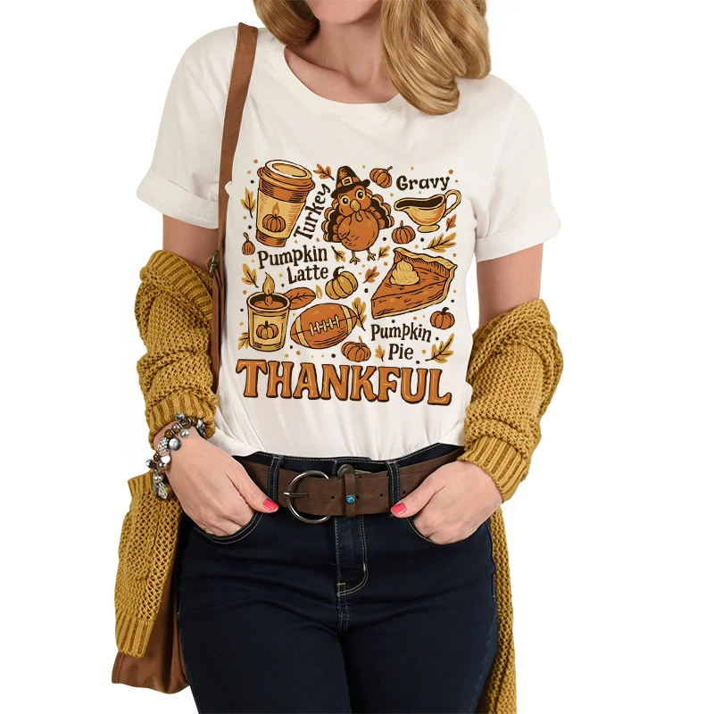 

Women Autumn Halloween Thanksgiving Print T-Shirt Turkey Gravy Pumpkin Latte Pumpkin Pie Tshirts Short Sleeve Classic Retro Tops