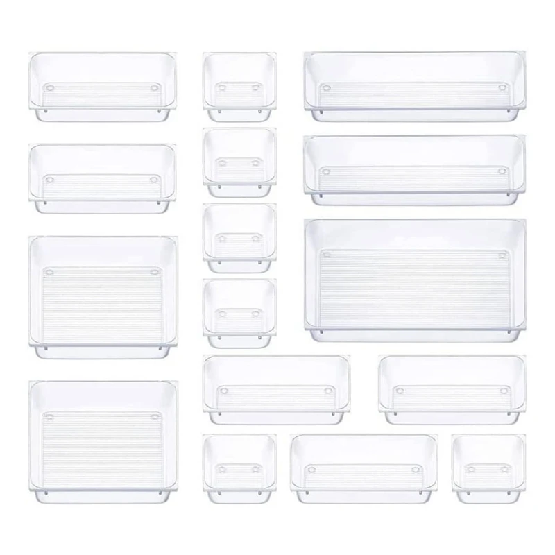 

16 PCS Plastic Drawer Organizer Storage Bins Clear Drawer Dividers Trays For Makeup, Jewelry