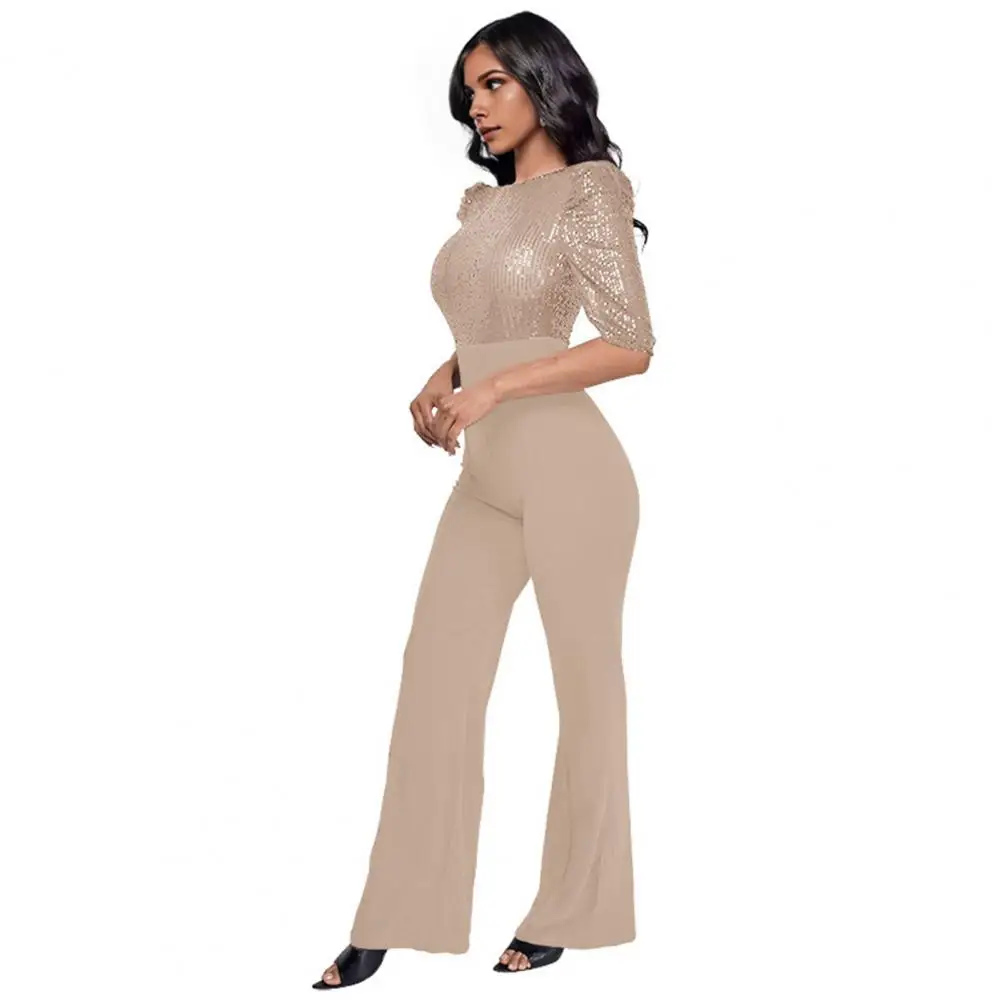 Women O Neck Jumpsuit Elegant Sequin Splicing Jumpsuit for Women Slim Waist Summer Romper Overall with Half Sleeves Party Wide