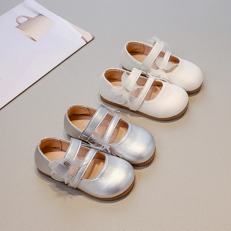 Girls Princess Leather Shoes Glossy PU Kids Causal Shoes for Wedding Party Fashion Butterfly Children's Flats Simple Round-toe