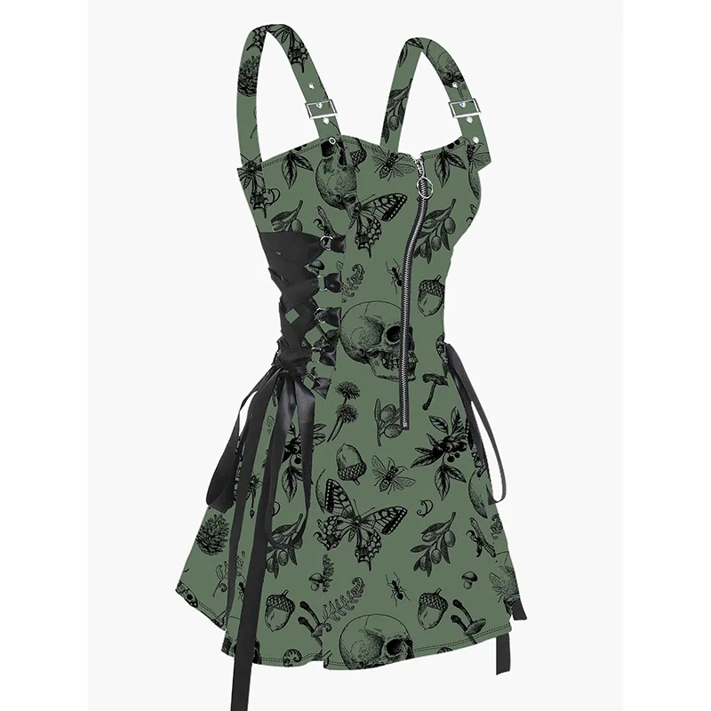 

Dressfo Womens Sexy Mini Dresses Skull Animal Plant Print Buckle Strap Dress Lace Up Half Zipper Mini Dress Green Dress Sundress