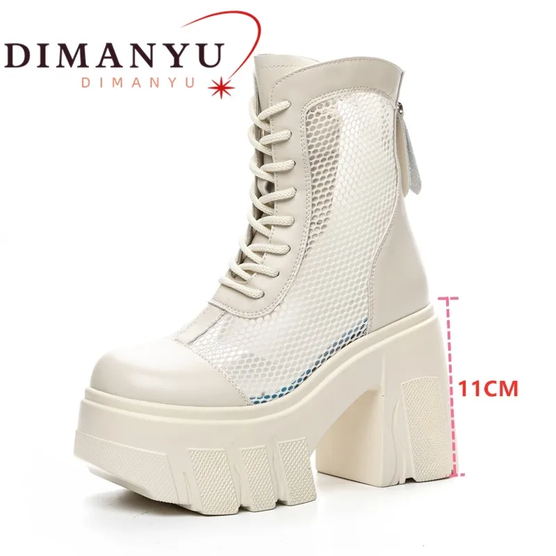 DIMANYU Women\'s Summer Boots Genuine Leather 2024 New Mesh Female Boots Fashion 11cm High Heel Platform Women\'s Cool Boots