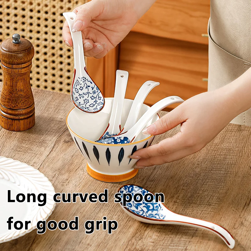 4PCS Soup Spoons Ceramic Retro Chinese Style SetBlue White Porcelain Household Tableware Long Handle Soup Spoon Combination Set