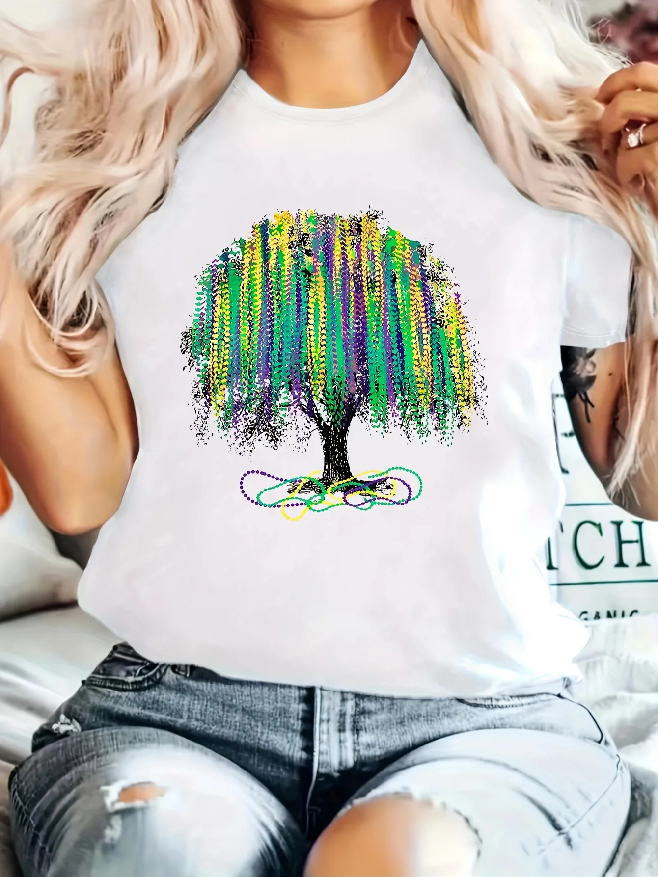 Mardi Gras Inspired Tree Print Women\'S Casual Round Neck T-Shirt Fashionable Short Sleeve Summer Top