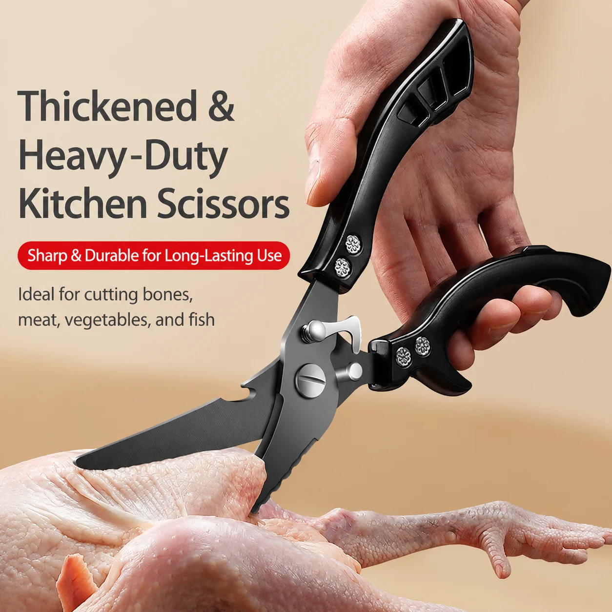 Heavy-duty sharp stainless steel kitchen shears, multi-purpose design, ideal for cutting poultry bones and cleaning fish