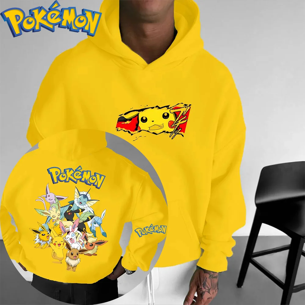 

Хлопковая толстовка с капюшоном в стиле Харадзюку в стиле аниме «Покемон Пикачу и друзья», желтый, черный, с принтом нескольких персонажей и эффектом рваной ткани