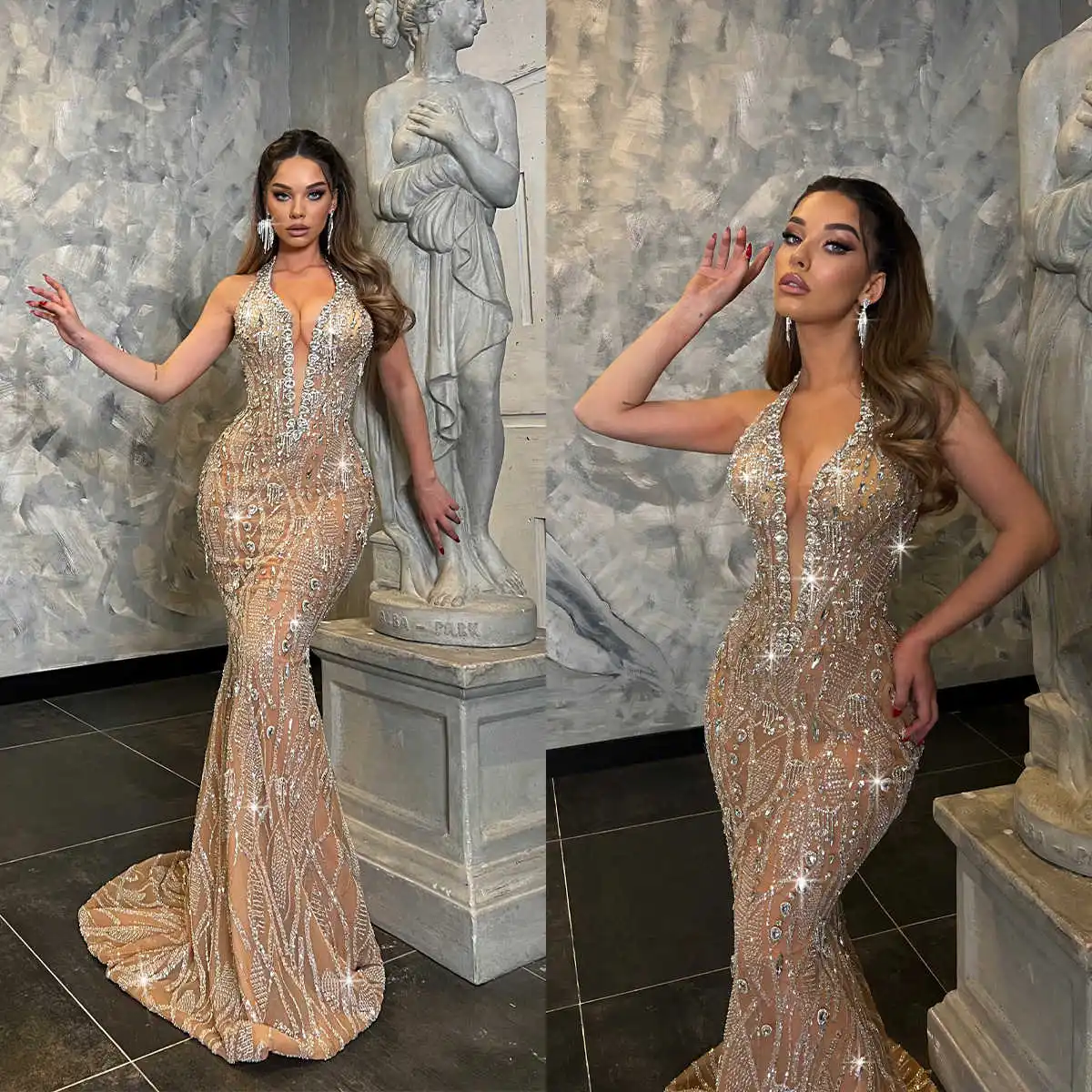 Sparkling Mermaid Gown Prom Dresses Crystals Beaded Pattern Lace Celebrity Party Evening Dresses Plus Size Custom Size Color