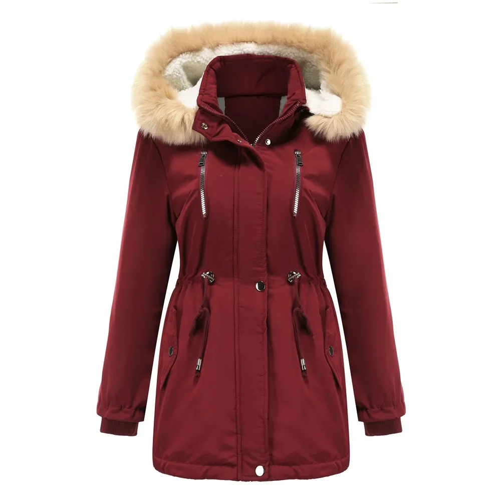 

Autumn Winter Casual Jackets Thick Lamb Wool Parka Coat Women Parkas Hooded Coats Fur Collar Drawstring Tight High Waist Zipper