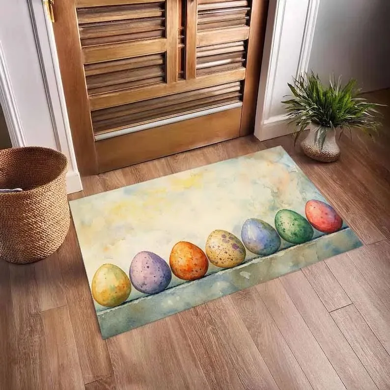 Fresh Watercolor Easter Entryway Doormat Colorful Spotted Egg Pattern Color Blended Background Durable Soft Holiday Decor Mat