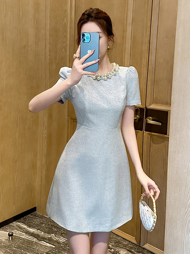 Fashion Formal Evening Dress Women Elegant Luxury Pearl Collar Slim Fit Short Gown Female Party Banquet Vestidos Street Clothes