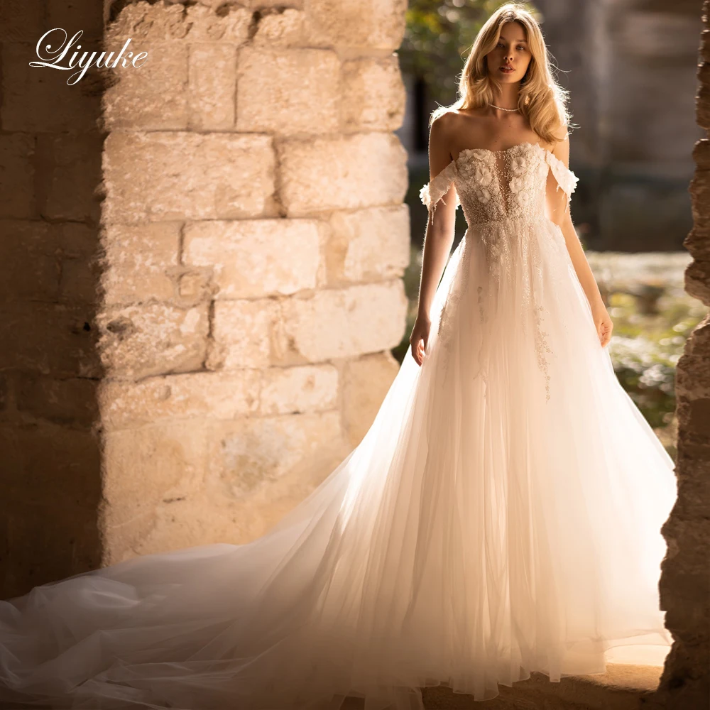 Liyuke Enchanting A-line Tulle Wedding Dress Shimmering Floral Lace Elegance Off Shoulder Sleeves Bridal Gowns